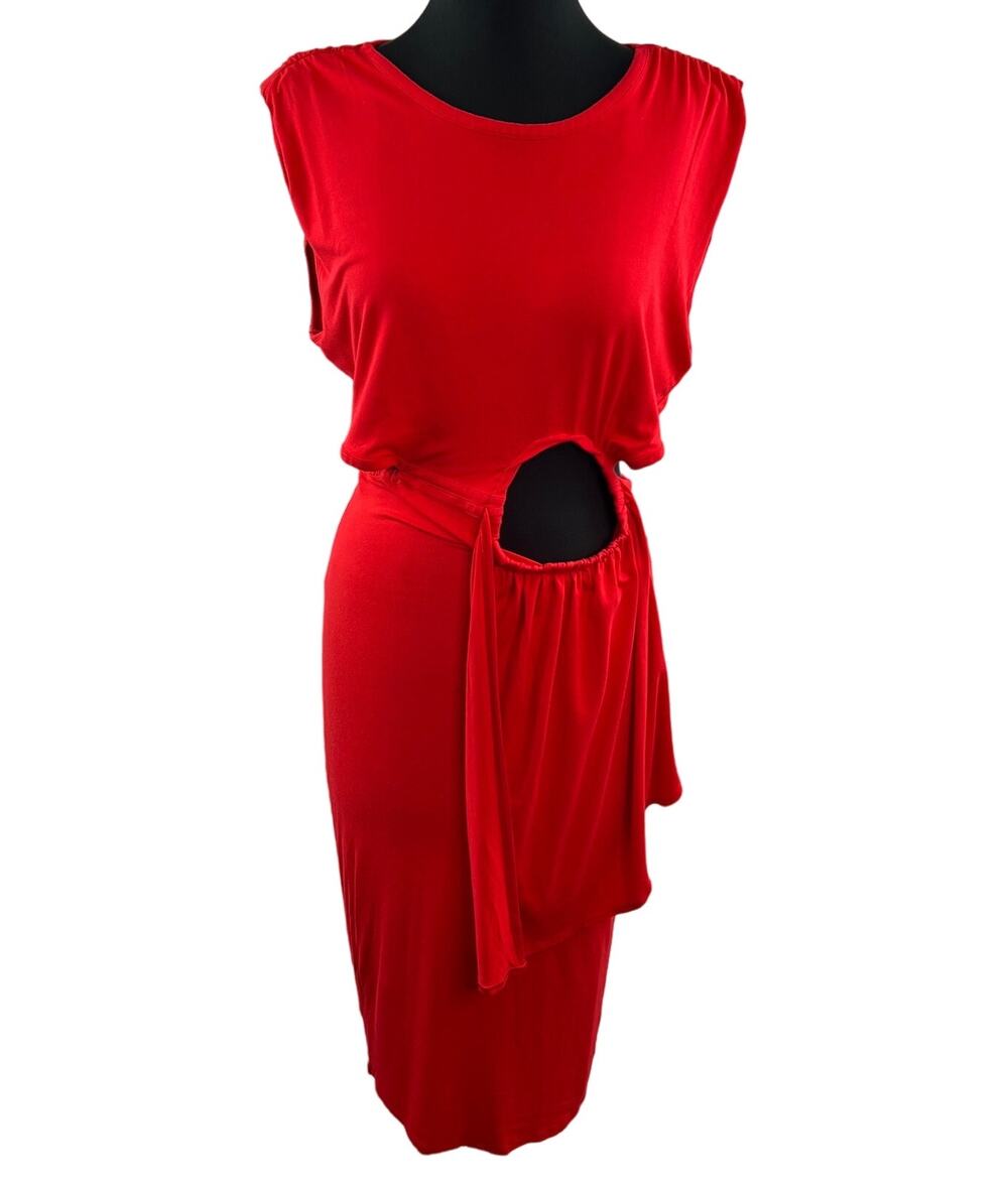 BB DAKOTA Red Peek My Interest Waist Cutout Dress Midi Sleeveless Chic Size M